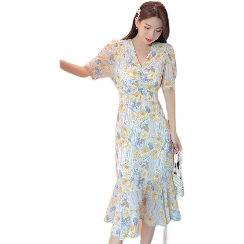 Temperament V-Neck Floral Dress Summer New Waist Skirt