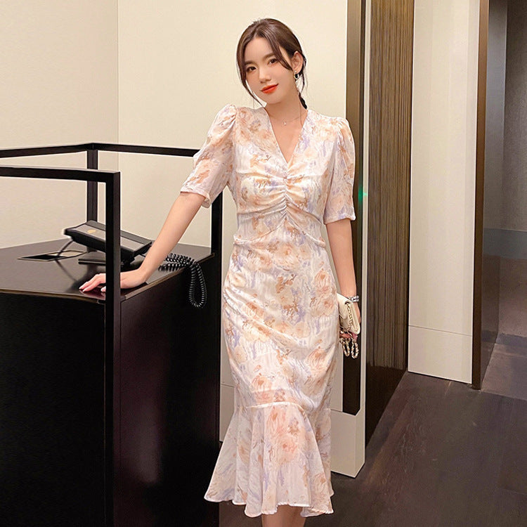 Temperament V-Neck Floral Dress Summer New Waist Skirt