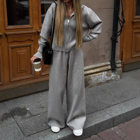 Long sleeved zipper sweater cardigan long pants sports two-piece set casual cardigan set for women