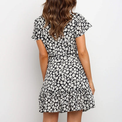 Floral Print Short-sleeved V-neck Casual Chiffon Dress