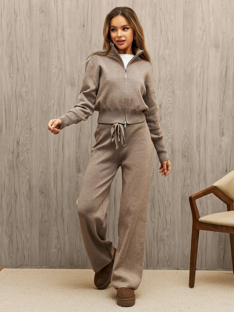 Long sleeved zipper sweater cardigan long pants sports two-piece set casual cardigan set for women