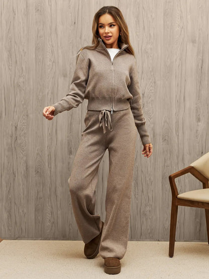 Long sleeved zipper sweater cardigan long pants sports two-piece set casual cardigan set for women