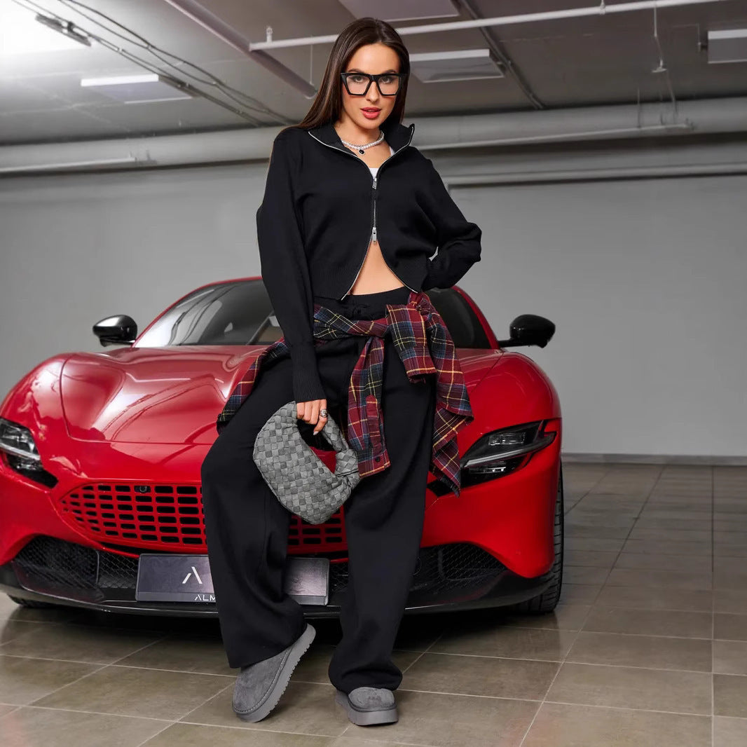 Long sleeved zipper sweater cardigan long pants sports two-piece set casual cardigan set for women