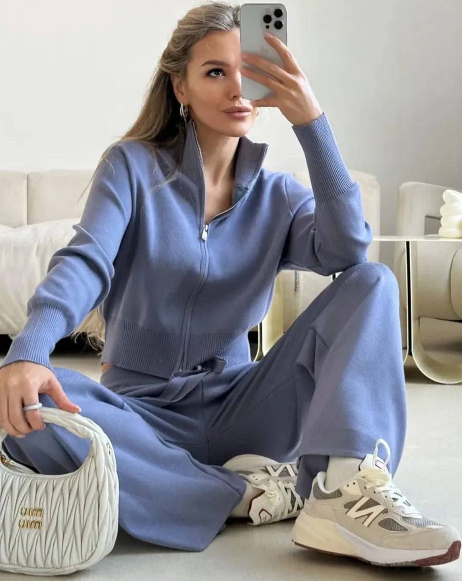 Long sleeved zipper sweater cardigan long pants sports two-piece set casual cardigan set for women