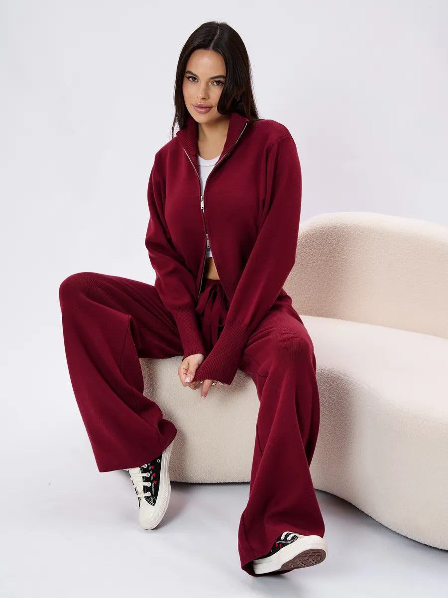 Long sleeved zipper sweater cardigan long pants sports two-piece set casual cardigan set for women