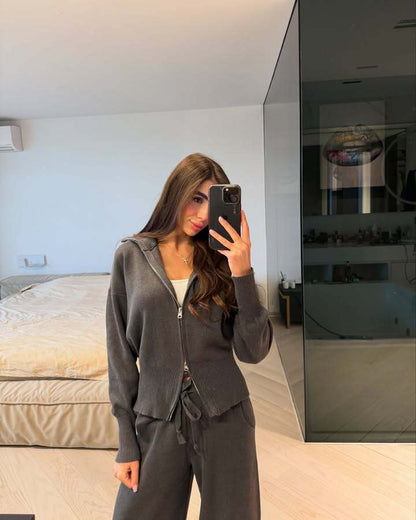 Long sleeved zipper sweater cardigan long pants sports two-piece set casual cardigan set for women