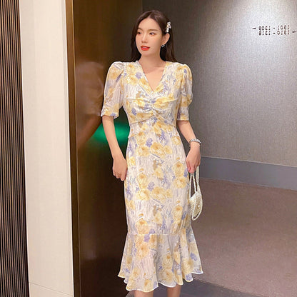 Temperament V-Neck Floral Dress Summer New Waist Skirt