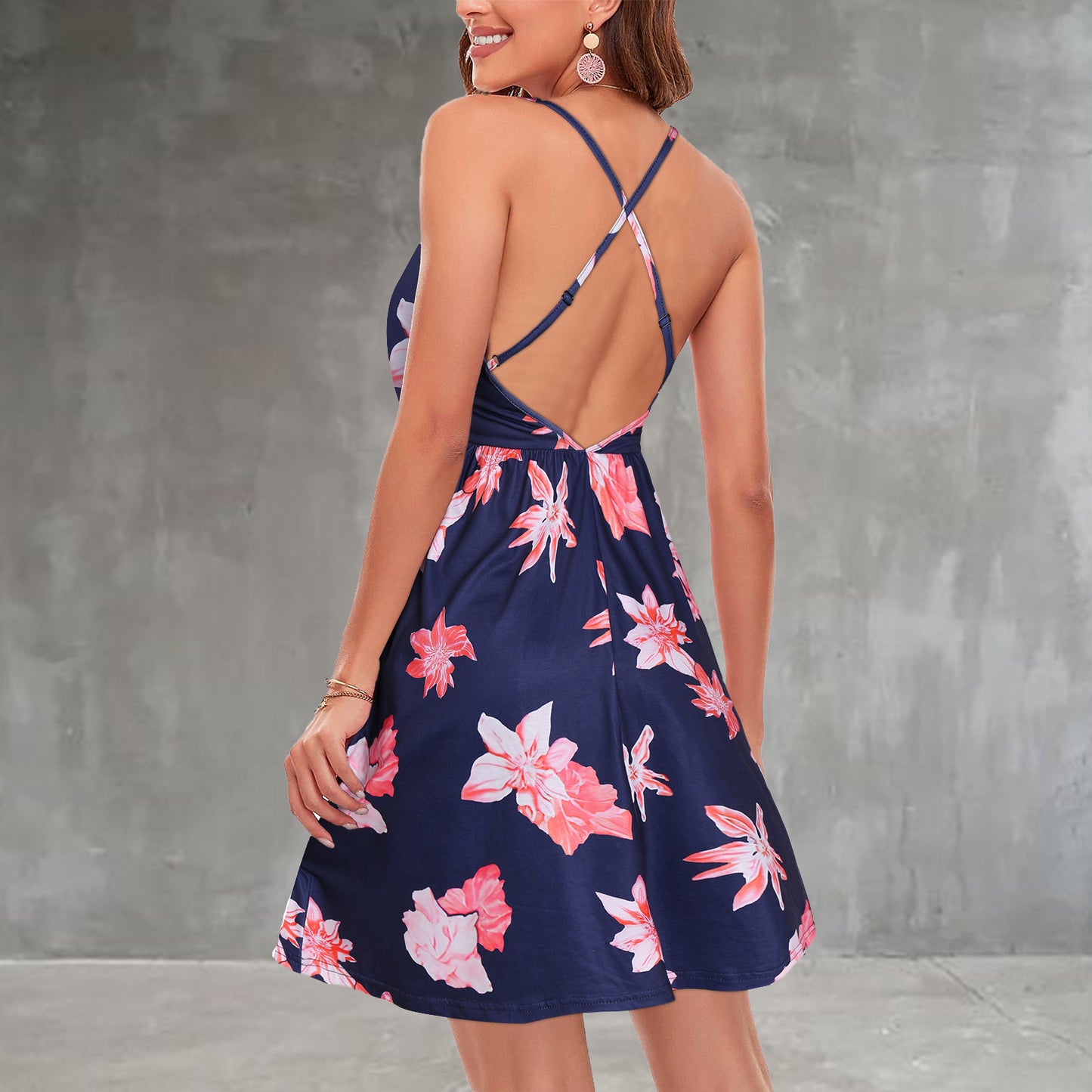 New Sling Print Backless V-Neck Dress