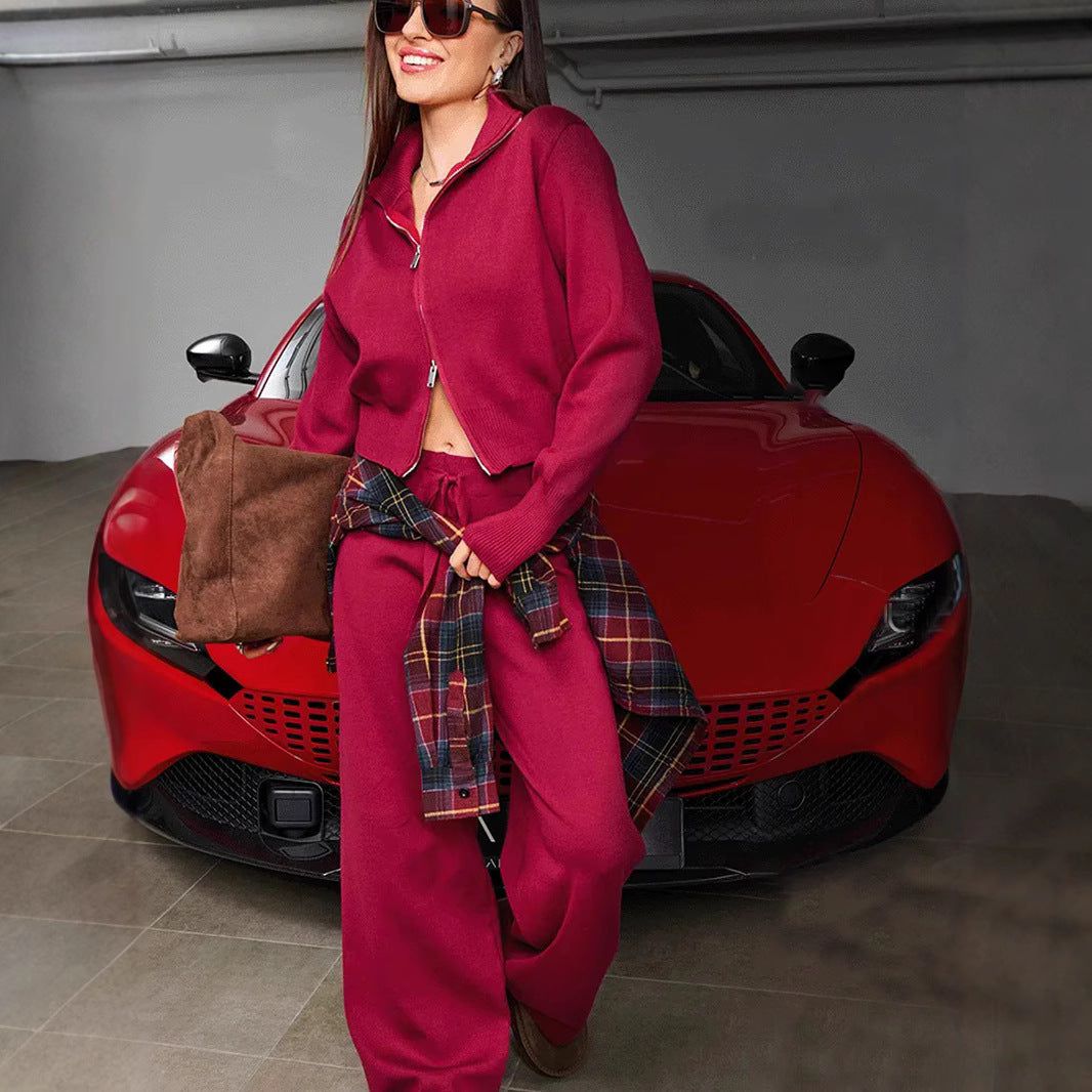 Long sleeved zipper sweater cardigan long pants sports two-piece set casual cardigan set for women
