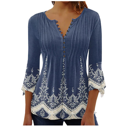 Women's Floral Printed V-neck Short Sleeve Button T-shirt