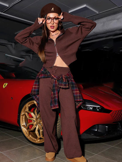 Long sleeved zipper sweater cardigan long pants sports two-piece set casual cardigan set for women