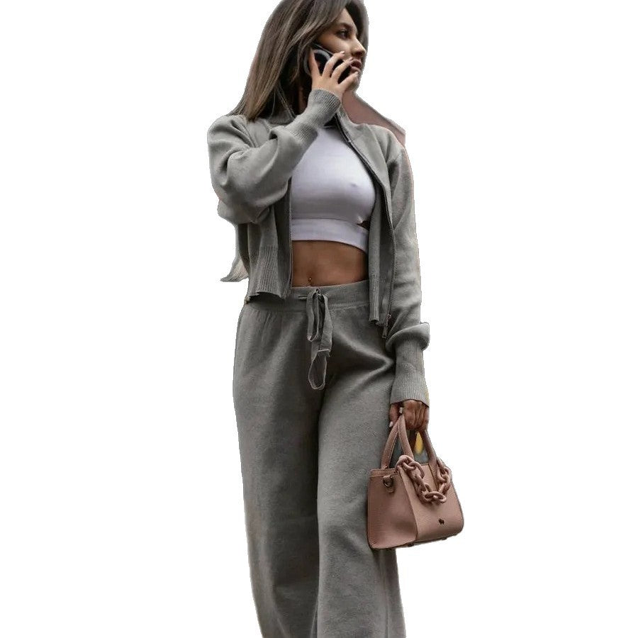 Long sleeved zipper sweater cardigan long pants sports two-piece set casual cardigan set for women