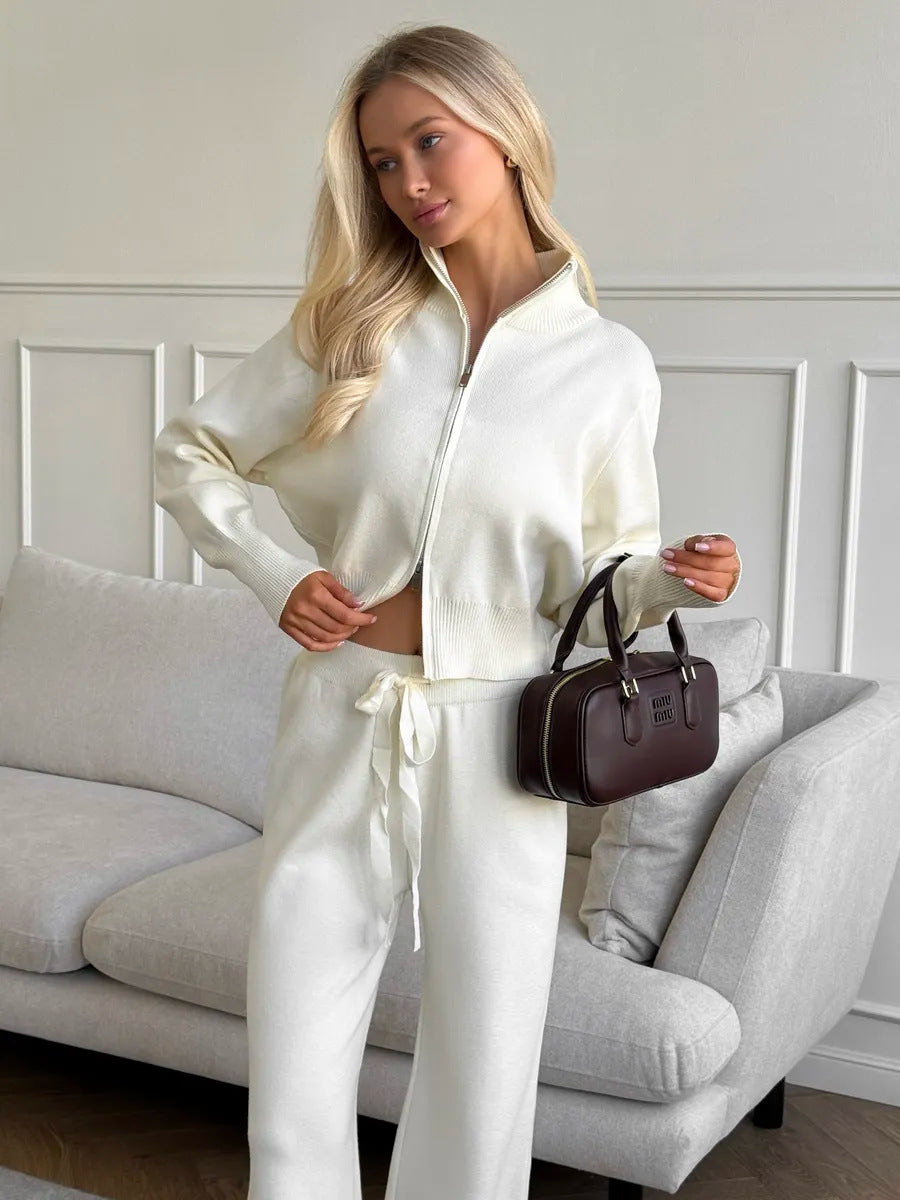 Long sleeved zipper sweater cardigan long pants sports two-piece set casual cardigan set for women