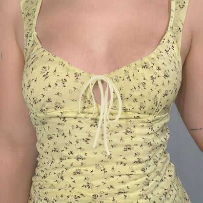 Yellow Floral Mesh Chest Strap Collar Short Sleeve