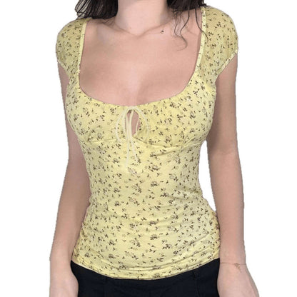 Yellow Floral Mesh Chest Strap Collar Short Sleeve