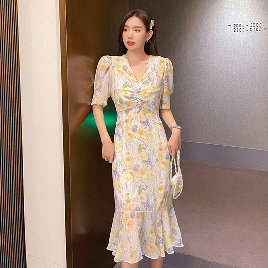 Temperament V-Neck Floral Dress Summer New Waist Skirt