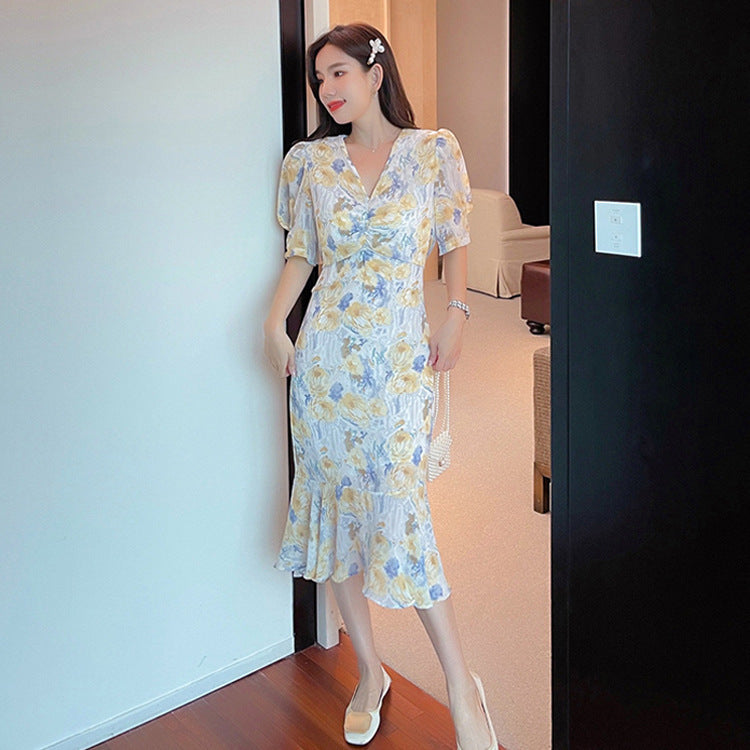 Temperament V-Neck Floral Dress Summer New Waist Skirt