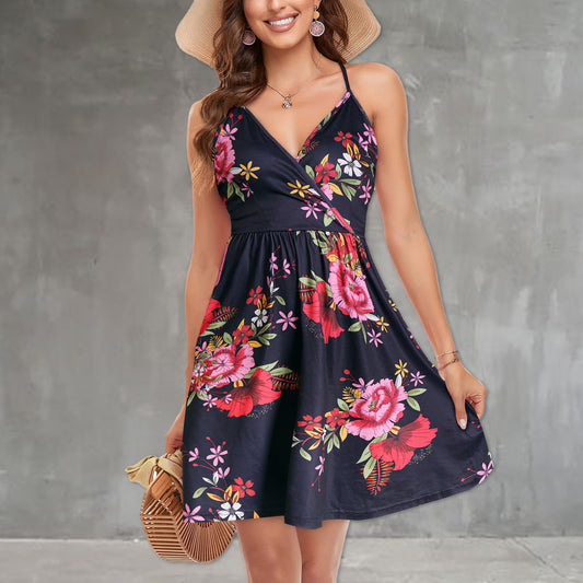 New Sling Print Backless V-Neck Dress